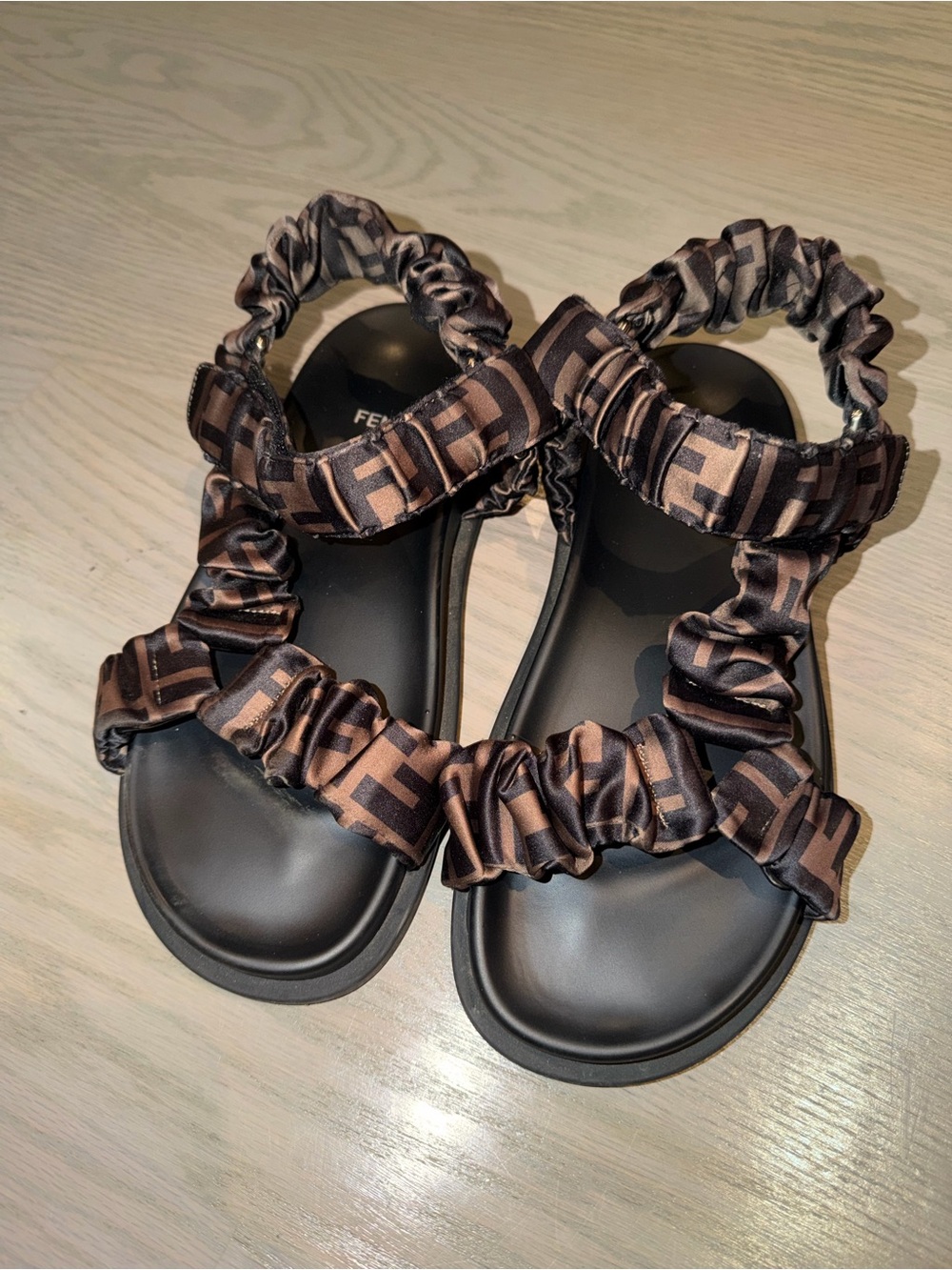 Fendi Black and Brown Logo-Print Ruché Strap Sandals 38